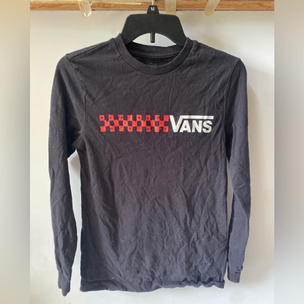 Vans Charcoal Long Sleeve Tee with Logo and Checkered Design Size XS